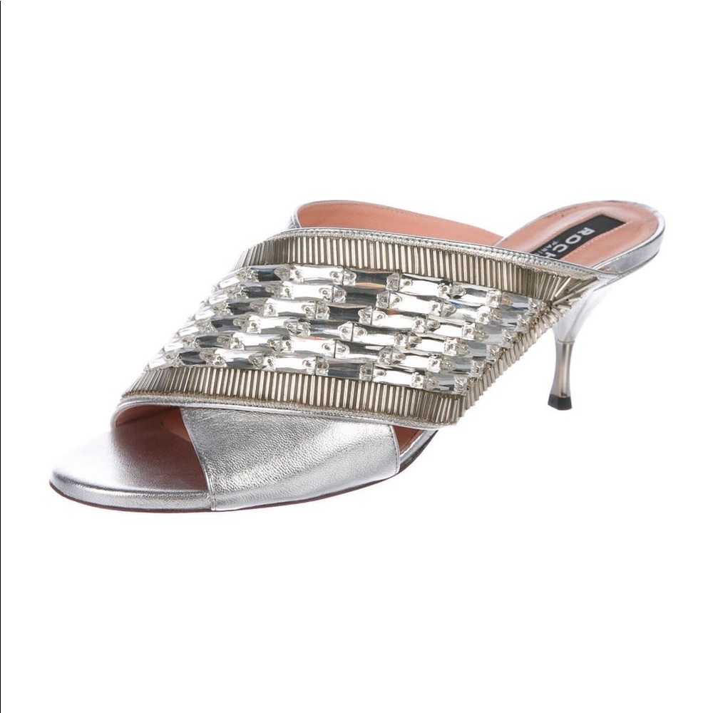 ROCHAS Leather Crystal Embellishments Slides